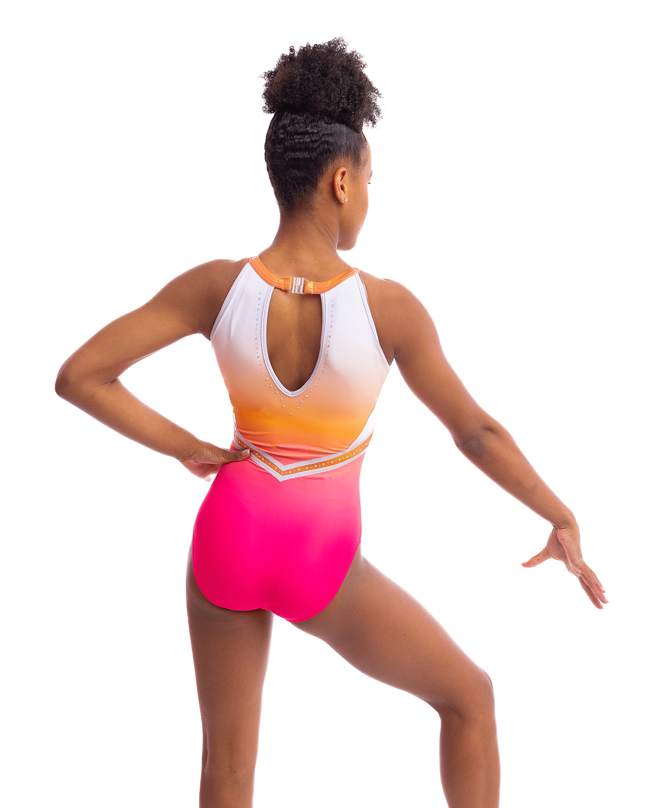 Raya Citrine Lycra, coral, orange, lemon, leotard, clasp back, high neck leotard, comfy leotard, ombre leotard, gymnastics