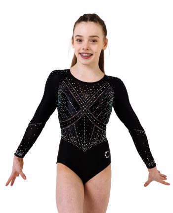 long sleeve competition leotard with ab crystals and armour style bodice design