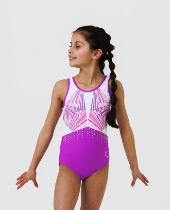 pink purple and white lycra printed leotard with waterfall crystals and cross open back
