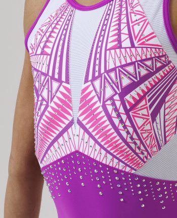 pink purple and white lycra printed leotard with waterfall crystals and cross open back