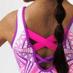 pink purple and white lycra printed leotard with waterfall crystals and cross open back