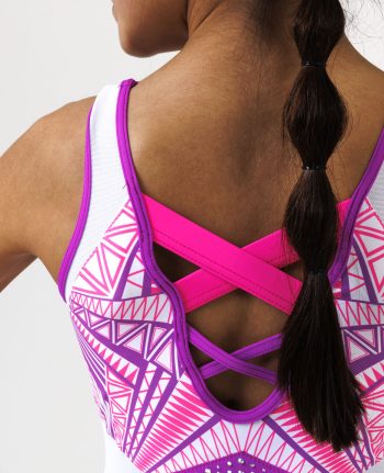 pink purple and white lycra printed leotard with waterfall crystals and cross open back