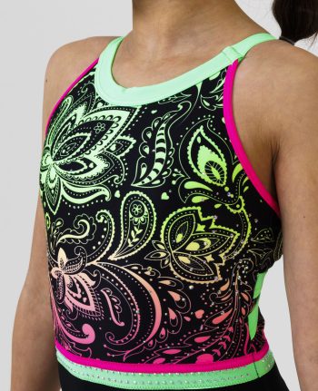 neon pink lime and black gymnastics sleeveless leotard with pattern open back ab crystal scatter