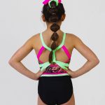 neon pink lime and black gymnastics sleeveless leotard with pattern open back ab crystal scatter