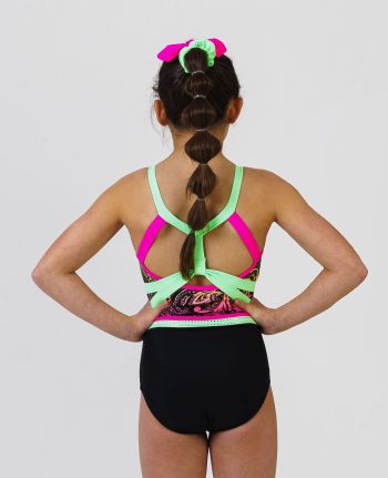 neon pink lime and black gymnastics sleeveless leotard with pattern open back ab crystal scatter