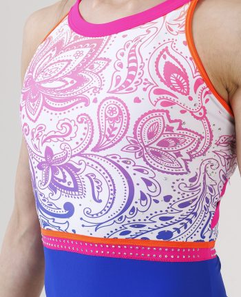 neon royal blue and white gymnastics sleeveless leotard with pattern open back ab crystal scatter