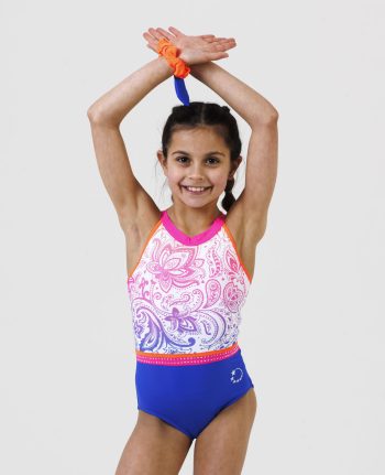 neon royal blue and white gymnastics sleeveless leotard with pattern open back ab crystal scatter