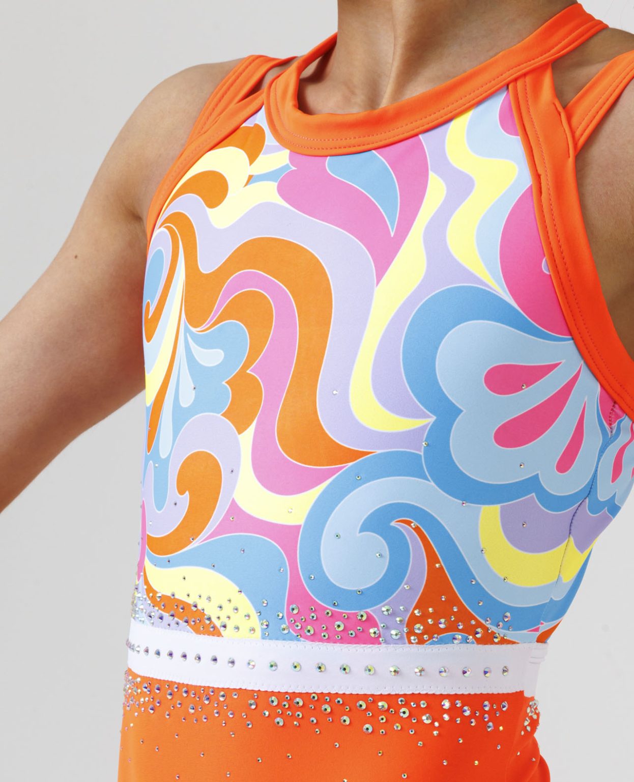 mai_leotard_neon_orange_printed_01 neon orange gymnastics sleeveless lycra leotard with retro swirly pattern and secure open back ab crystal scatter