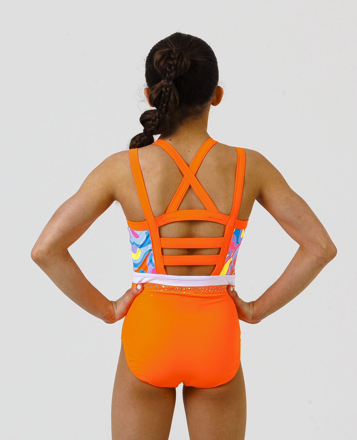 mai_leotard_neon_orange_printed_05 neon orange gymnastics sleeveless lycra leotard with retro swirly pattern and secure open back ab crystal scatter