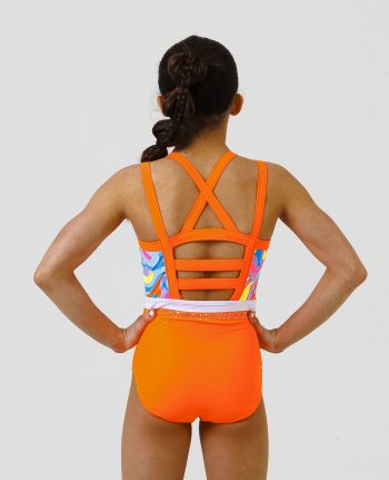 neon orange gymnastics sleeveless lycra leotard with retro swirly pattern and secure open back ab crystal scatter