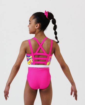 neon pink gymnastics sleeveless leotard with retro swirly pattern and secure open back ab crystal scatter