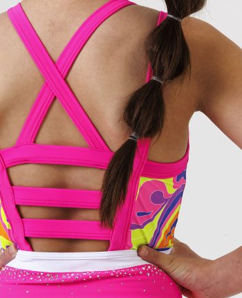 neon pink gymnastics sleeveless leotard with retro swirly pattern and secure open back ab crystal scatter