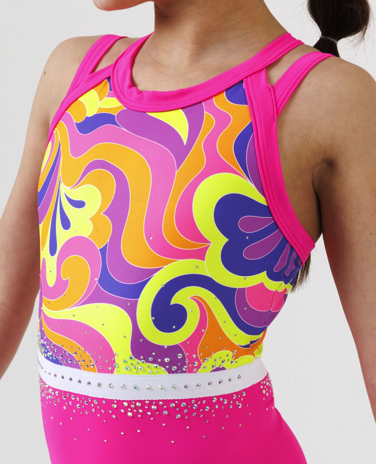 mai_leotard_neon_pink_printed_15 neon pink gymnastics sleeveless leotard with retro swirly pattern and secure open back ab crystal scatter