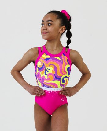 neon pink gymnastics sleeveless leotard with retro swirly pattern and secure open back ab crystal scatter
