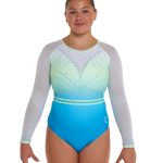 mint and blue pastel ombre gymnastics leotard with open back and green diamantes