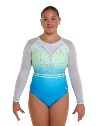 mint and blue pastel ombre gymnastics leotard with open back and green diamantes