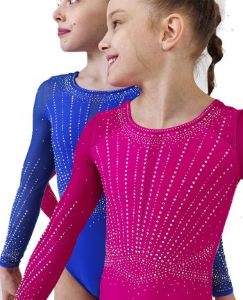 pink and royal blue lycra competition long sleeve leotard with crystals and mesh sleeves