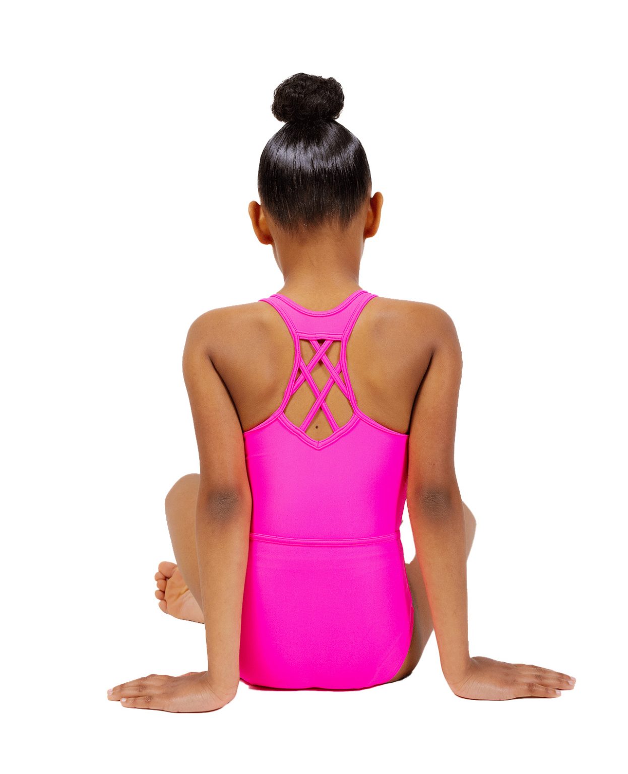 pink lycra gymnastics leotard with racer open back