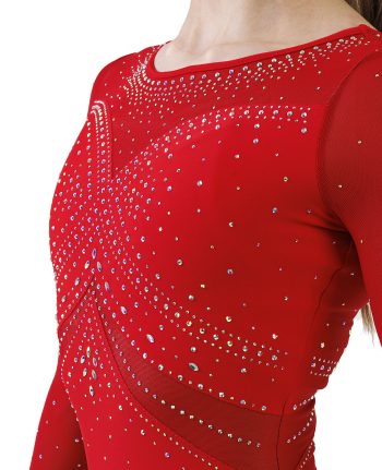 long sleeve competition leotard with ab crystals red lycra