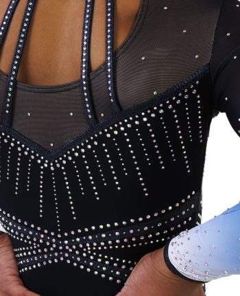 Black pearl mystique gymnastics long sleeve leotard with white to blue ombre mesh sleeves
