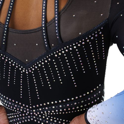 glaze_long_sleeve_leotard_black_01 Black pearl mystique gymnastics long sleeve leotard with white to blue ombre mesh sleeves