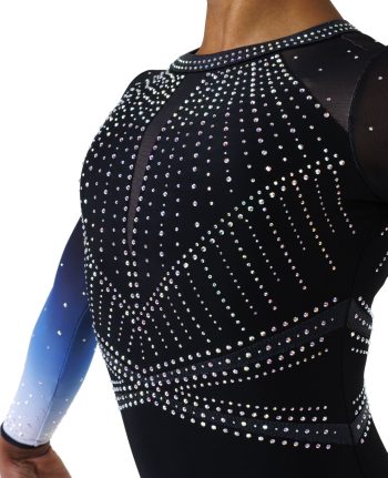 Black pearl mystique gymnastics long sleeve leotard with white to blue ombre mesh sleeves