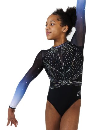 Black pearl mystique gymnastics long sleeve leotard with white to blue ombre mesh sleeves