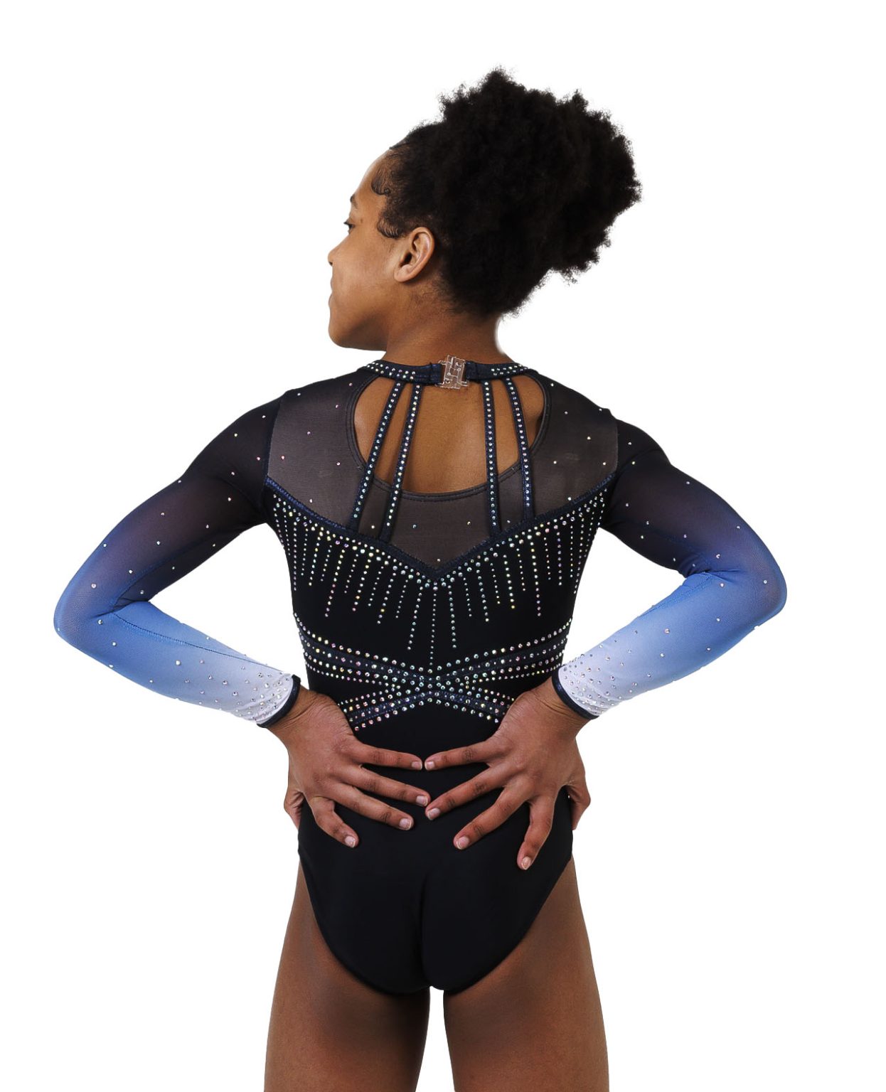 glaze_long_sleeve_leotard_black_04 Black pearl mystique gymnastics long sleeve leotard with white to blue ombre mesh sleeves