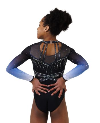 Black pearl mystique gymnastics long sleeve leotard with white to blue ombre mesh sleeves