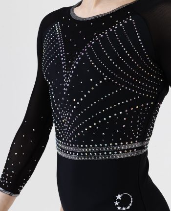 black and silver lattice strap long sleeve gymnastics leotard