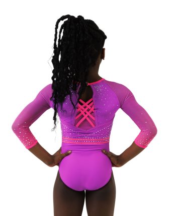 neon purple long sleeve leotard with neon pink straps open back and dimanates