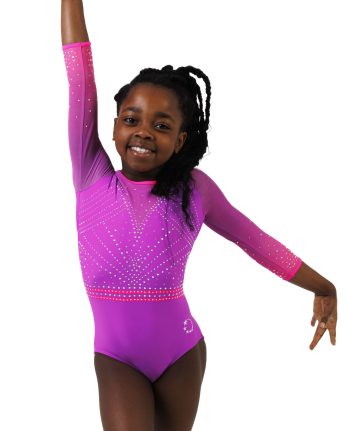 neon purple long sleeve leotard with neon pink straps open back and dimanates