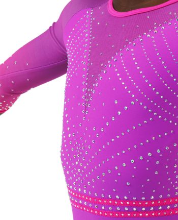 neon purple long sleeve leotard with neon pink straps open back and dimanates