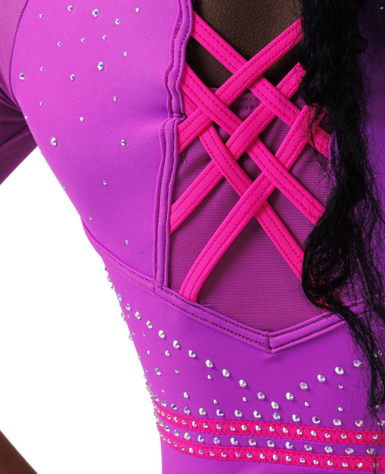neon purple long sleeve leotard with neon pink straps open back and dimanates