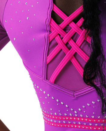 neon purple long sleeve leotard with neon pink straps open back and dimanates