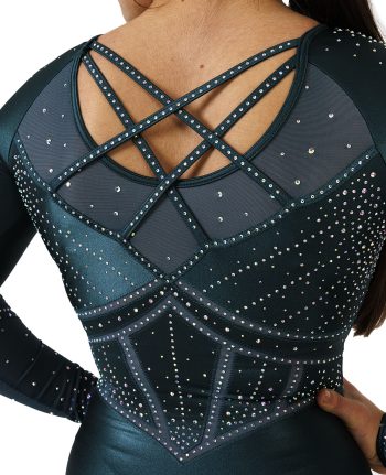 long sleeve competition leotard with ab crystals and armour style bodice design dark green chintz