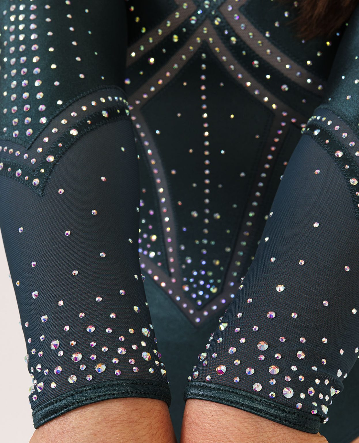 knight_long_sleeve_leotard_green_04 long sleeve gymnastics leotard with ab crystals and armour style bodice design dark green chintz