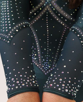 long sleeve gymnastics leotard with ab crystals and armour style bodice design dark green chintz