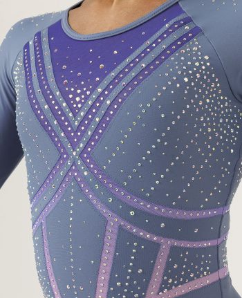 long sleeve lycra competition leotard with ab crystals and armour style bodice design grey and purple pink ombre