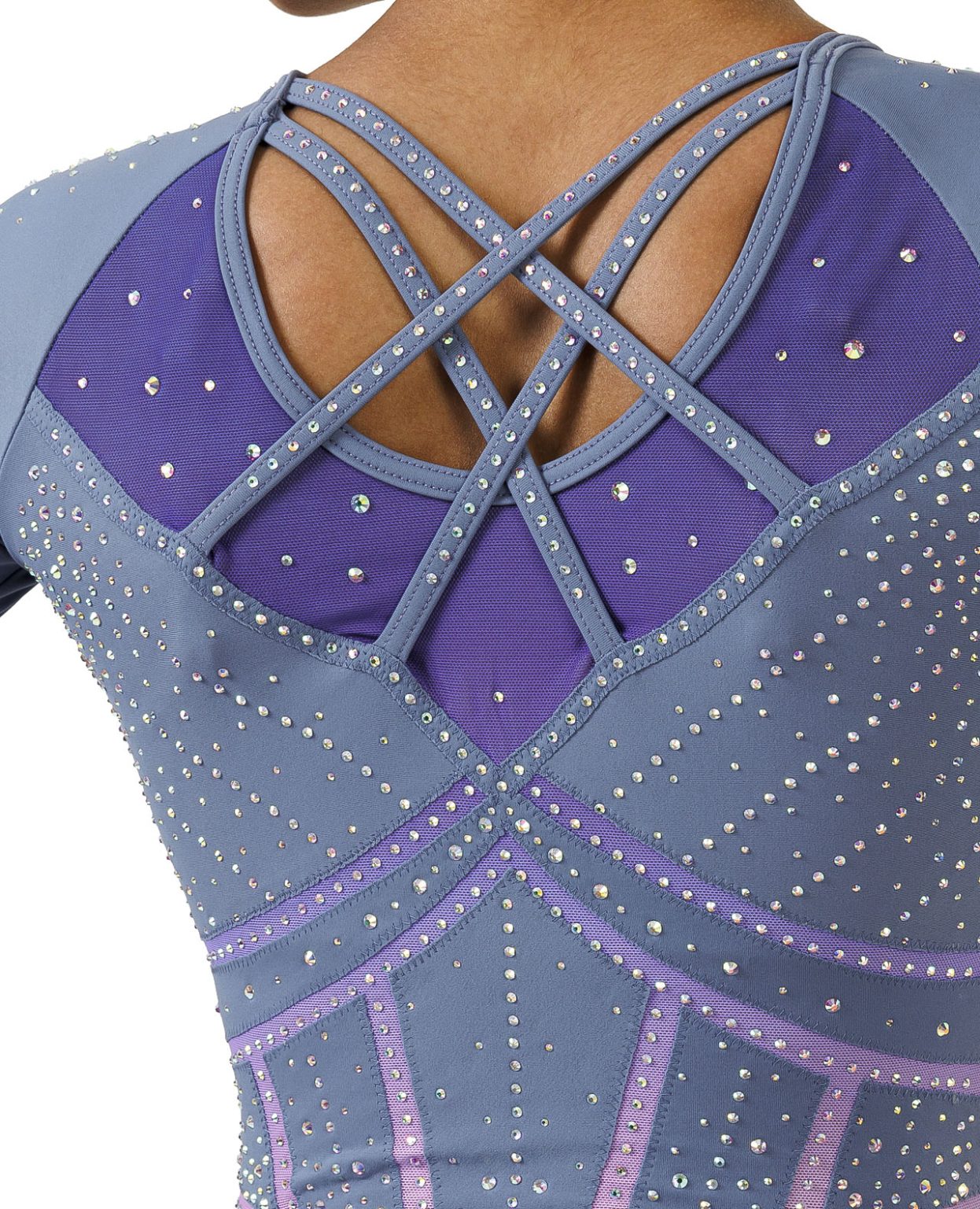 long sleeve lycra competition leotard with ab crystals and armour style bodice design grey and purple pink ombre