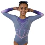 long sleeve lycra competition leotard with ab crystals and armour style bodice design grey and purple pink ombre