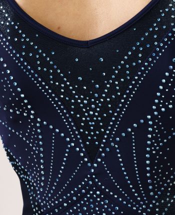 elegant navy lycra gymnastics long sleeve leotard with green crystals and green detailing