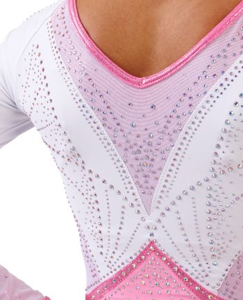 cute white lycra and pastel pink summer edition gymnastics long slleve leo with pink crystals
