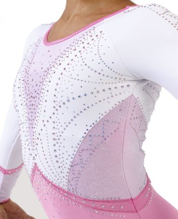 cute white lycra and pastel pink summer edition gymnastics long slleve leo with pink crystals