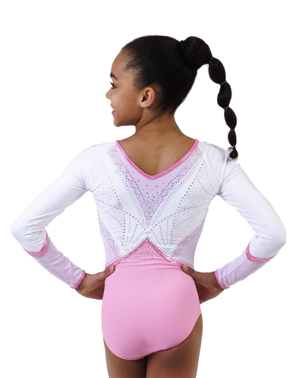 polaris_long_sleeve_leotard_white_pink_03 cute white lycra and pastel pink summer edition gymnastics long slleve leo with pink crystals