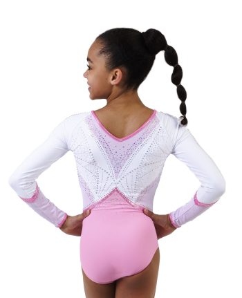 cute white lycra and pastel pink summer edition gymnastics long slleve leo with pink crystals