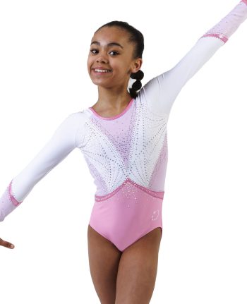 cute white lycra and pastel pink summer edition gymnastics long slleve leo with pink crystals