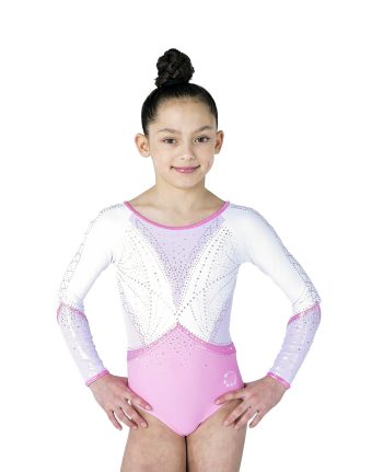 cute white lycra and pastel pink summer edition gymnastics long slleve leo with pink crystals