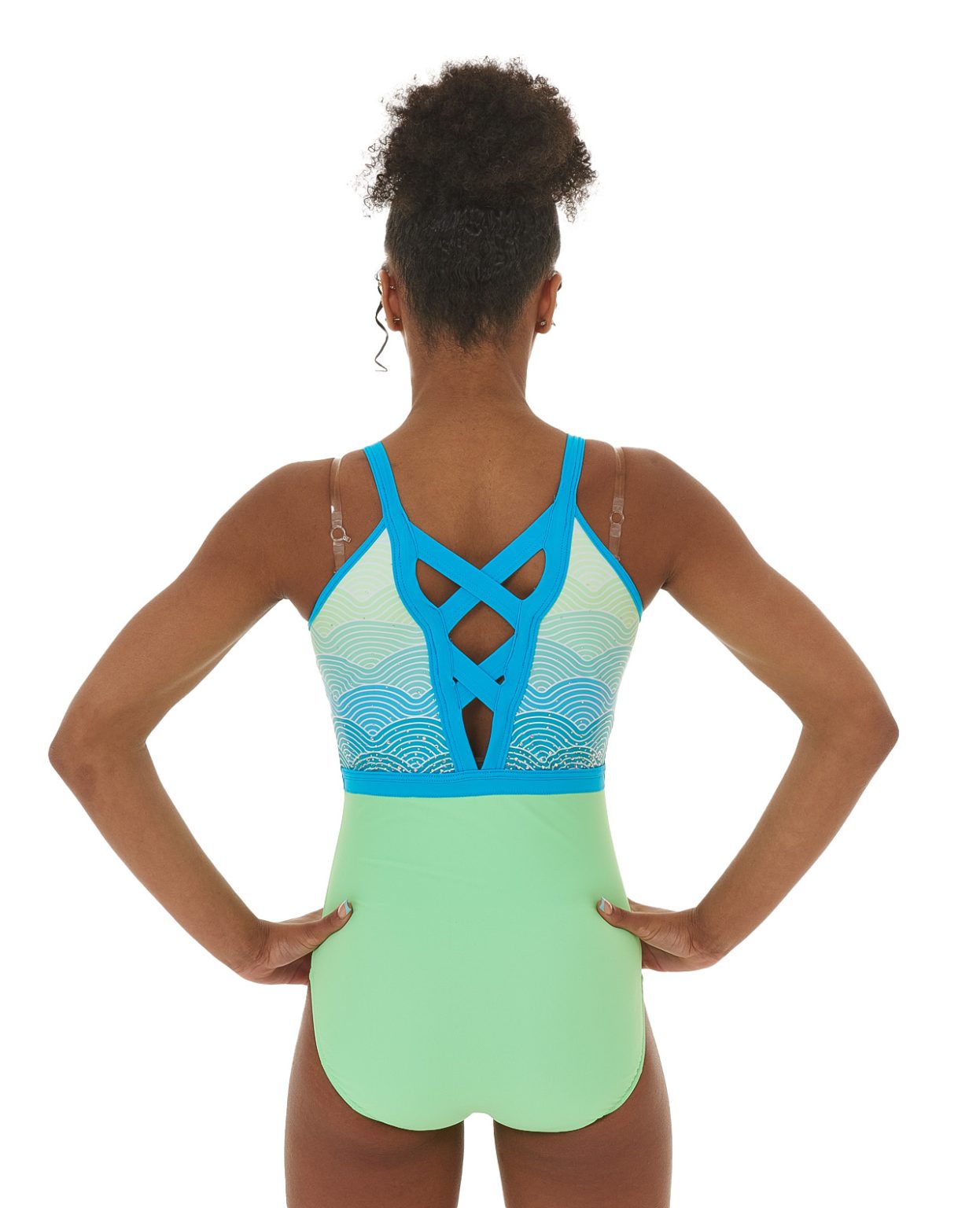 leotard_nixie_blue_04 neon green and blue printed lycra training leotard with secure open back