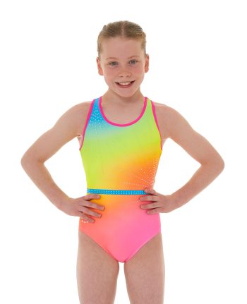 neon bright rainbow ombre gymnastics open back leotard